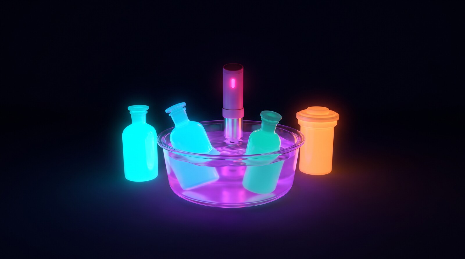 Chemistry bottles floating in a water bath held at temperature by a sous vide