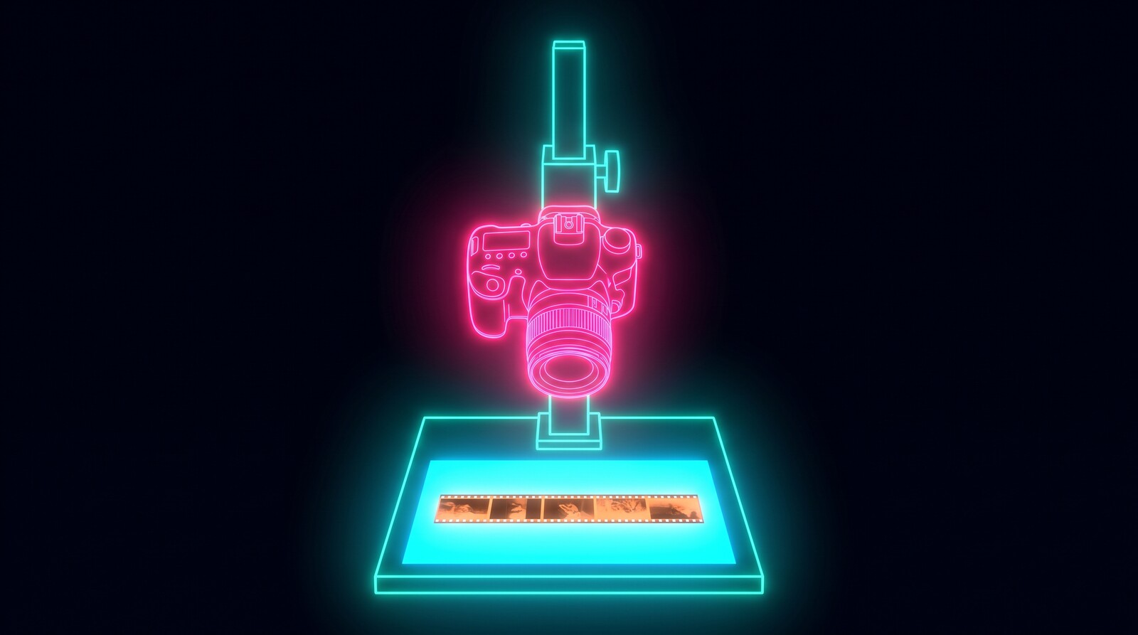 A DSLR on a copy stand photographing a negative on a light panel