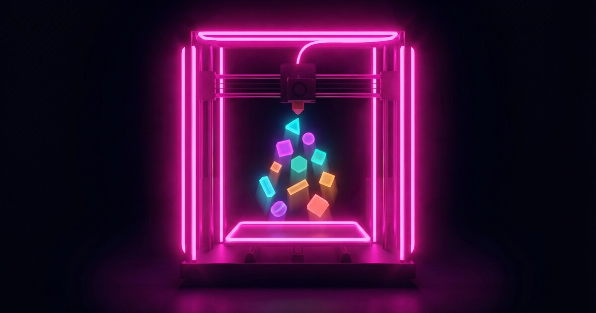 A stylized 3D printer with geometric shapes emerging from the build plate