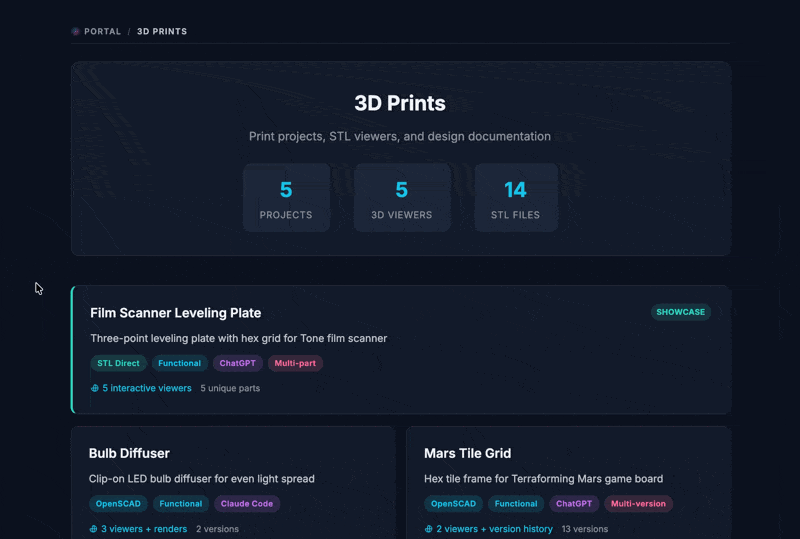 Screen recording scrolling through the 3D print portal pages