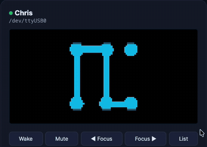 The dev preview page in a browser, showing one board’s screen cutting from the group mark to the beating heart, with buttons for wake, mute, focus and list
