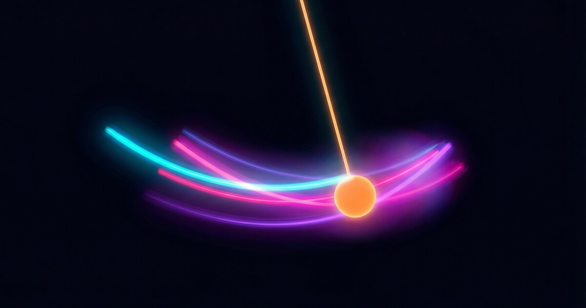A glowing neon pendulum mid-swing, trailing vivid orange, cyan, and magenta light arcs on a dark background