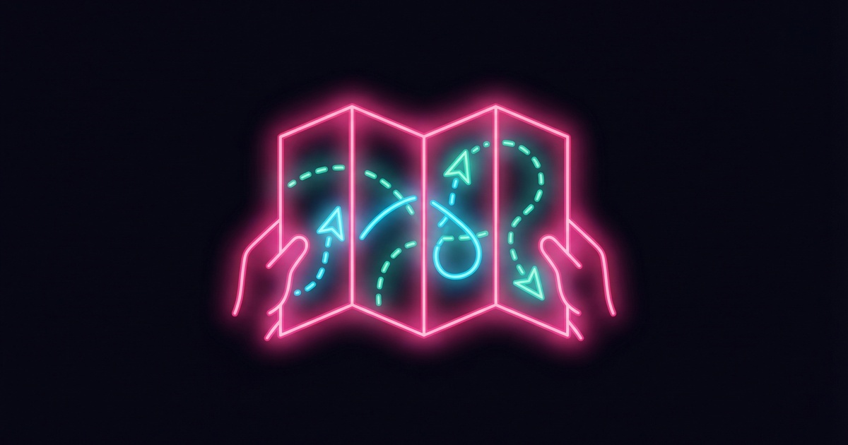 Hands holding a glowing neon pink map with cyan route lines and arrows on a dark background