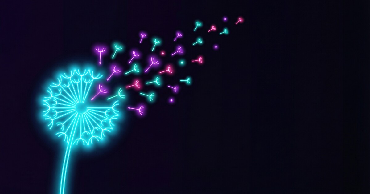 A glowing neon dandelion with seeds drifting away into the darkness, each seed a tiny point of light