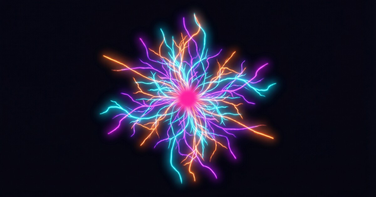 A single glowing neon spark at center exploding outward into fractal branches and tendrils