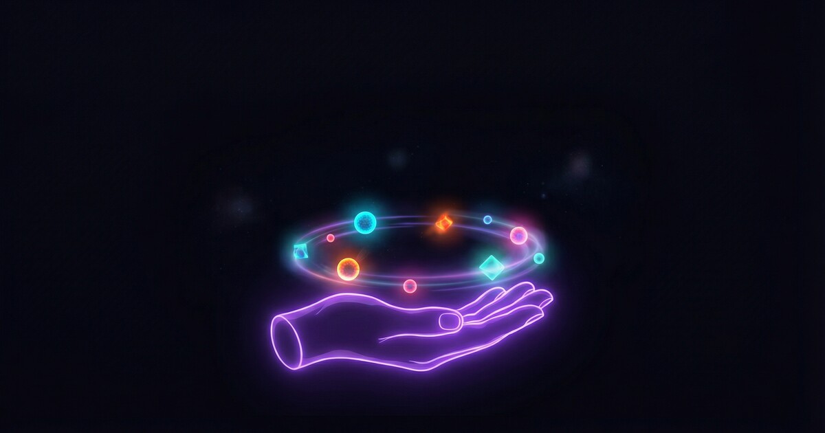 A glowing neon hand with small luminous objects orbiting above it like a personal ecosystem