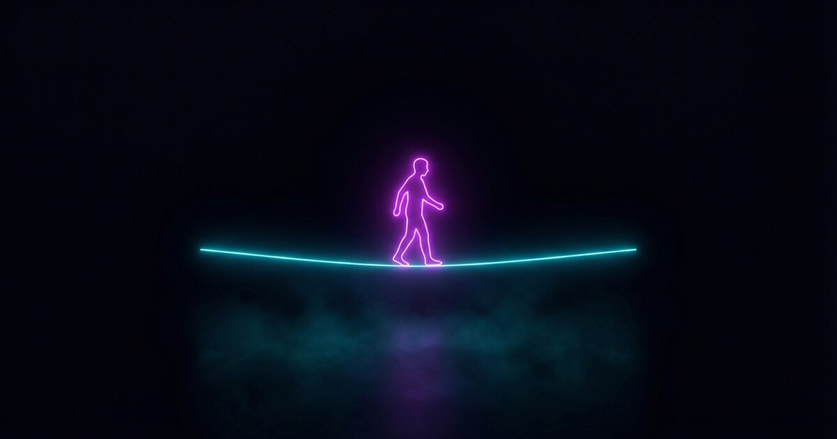 A glowing neon silhouette walking a thin luminous tightrope across the frame