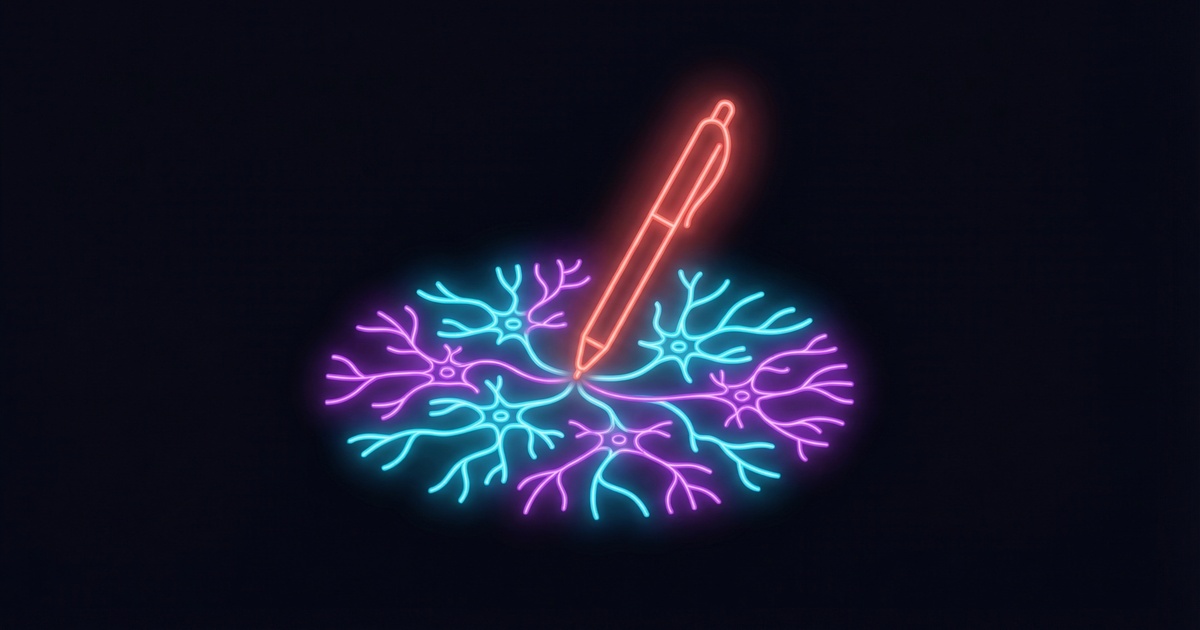 Glowing neon pen with neural network branches spreading from its tip