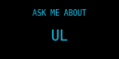 The screen reading ASK ME ABOUT UL, a conversation opener typed on the badge