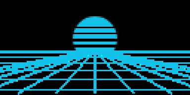 A retrowave sun and grid scrolling on the badge screen