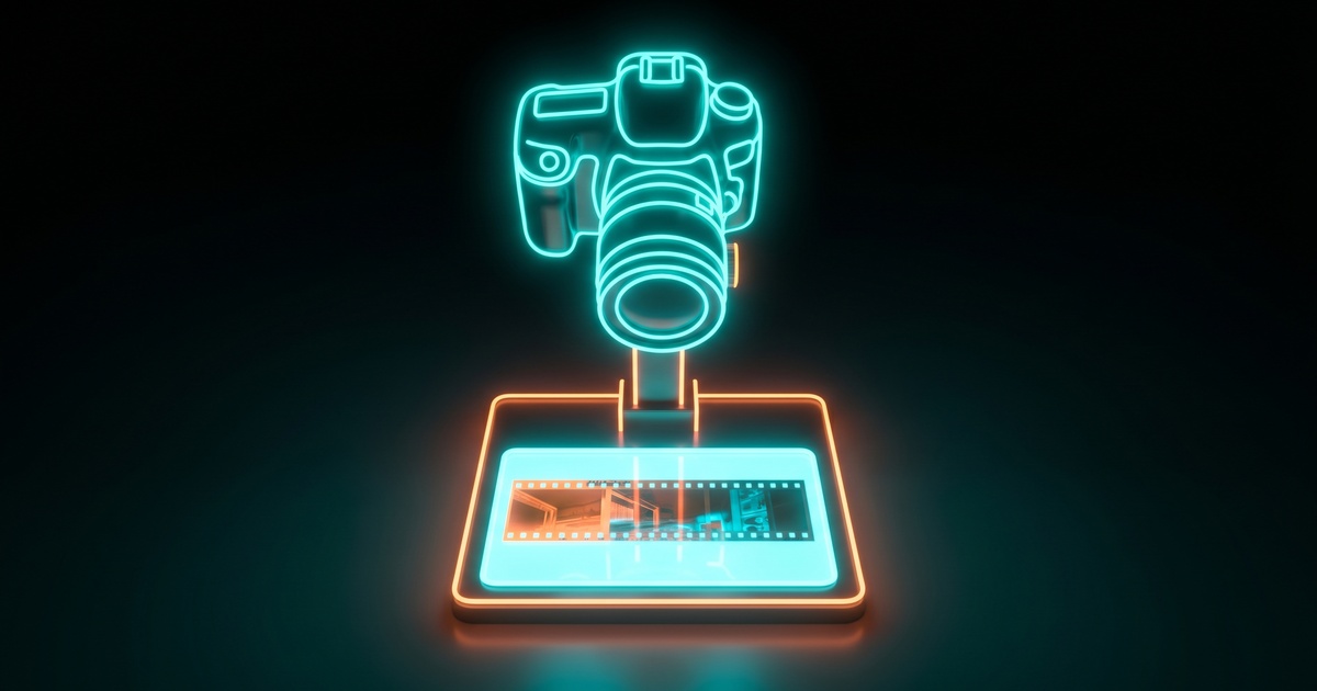 A film negative glowing on a light panel beneath a tethered DSLR
