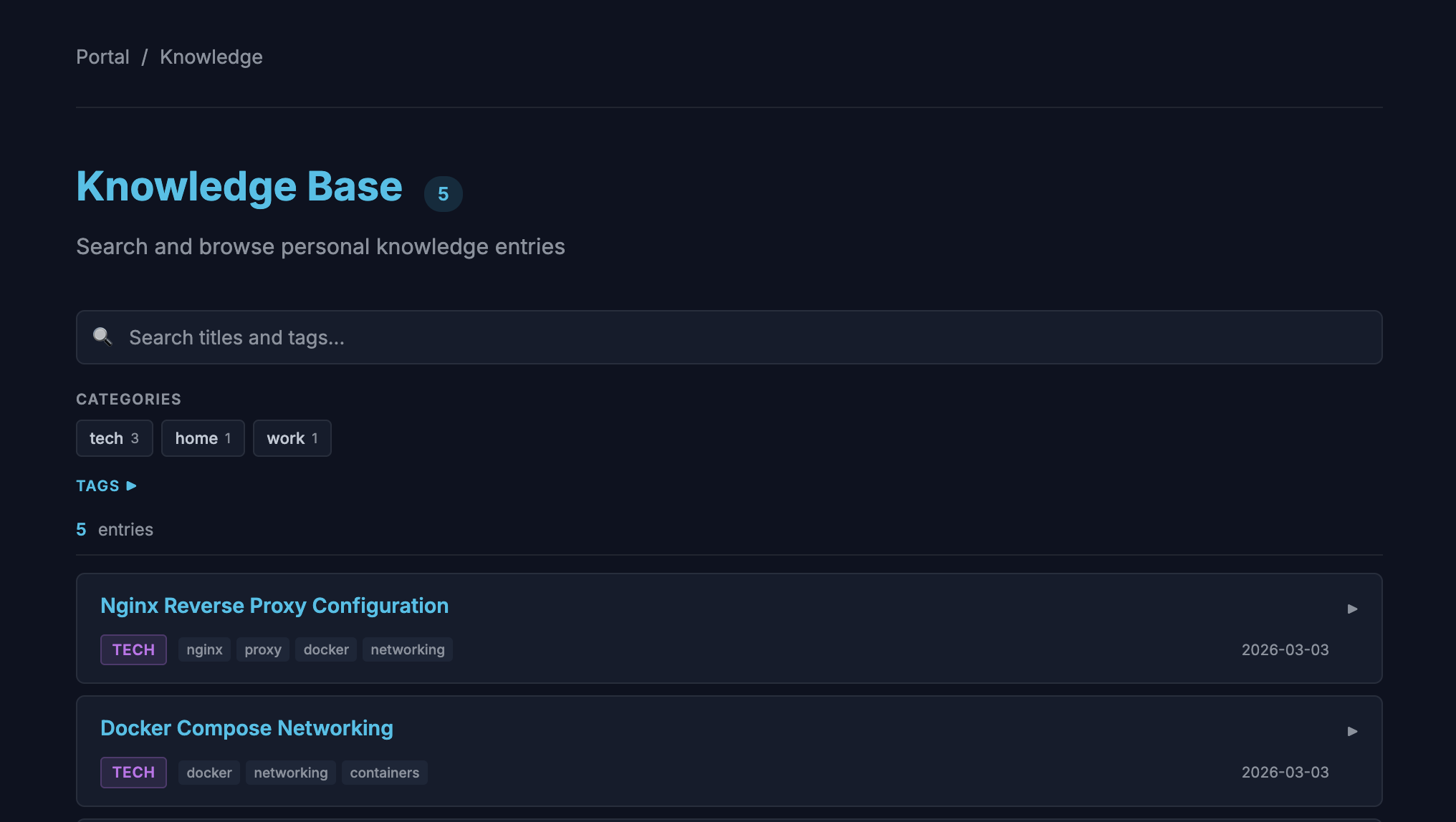 The knowledge base web UI showing categories, search, and entry list