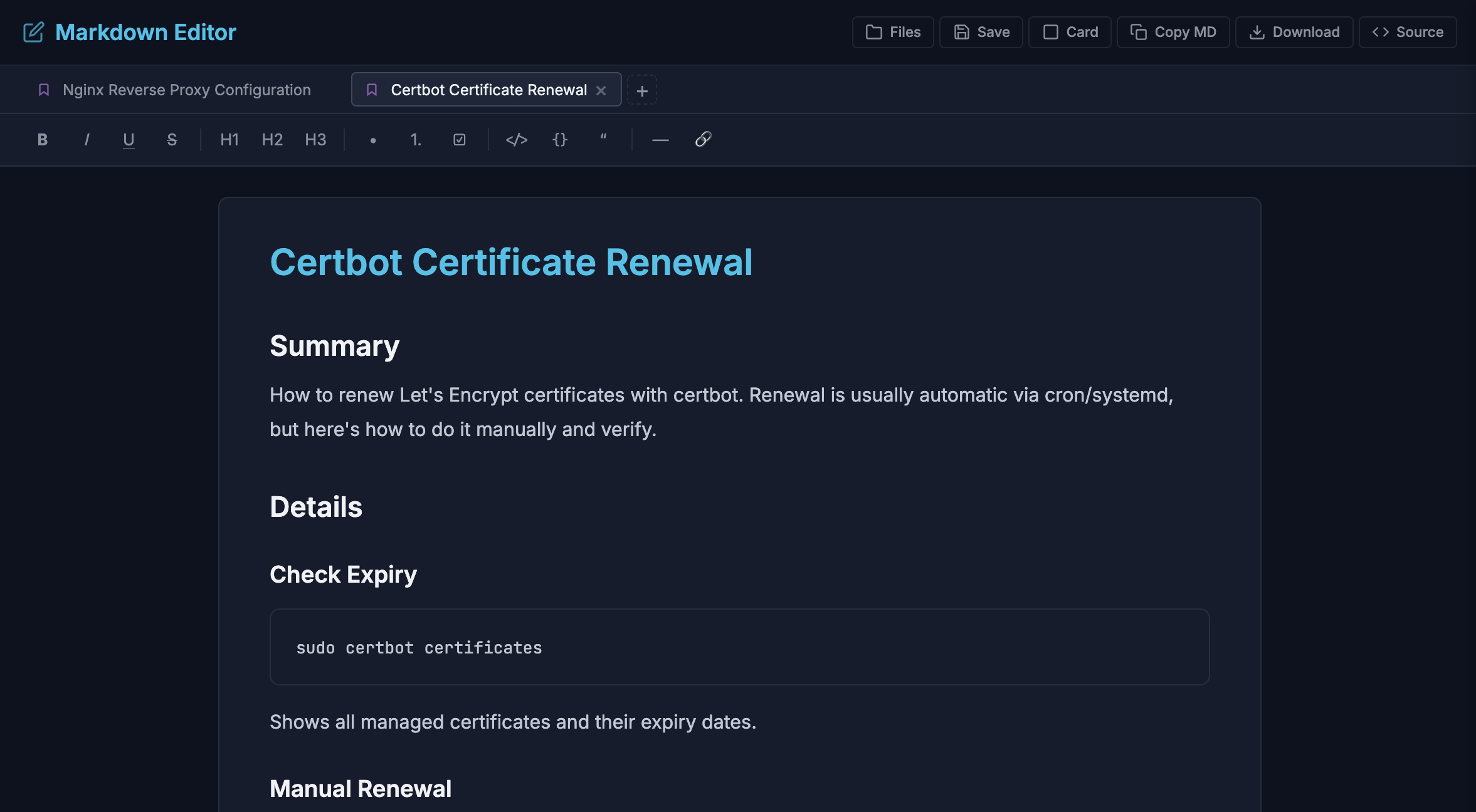 The markdown editor with tabbed documents and a formatting toolbar