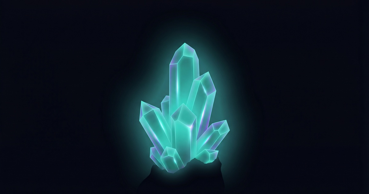 A glowing teal crystal cluster rising from a dark surface, facets catching light