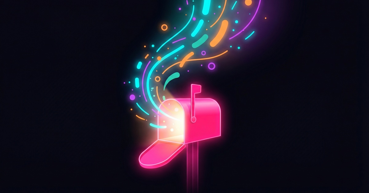 Glowing neon mailbox with colorful streaming elements on dark background