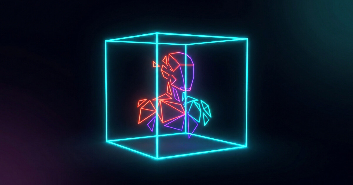 AI figure assembling inside a wireframe sandbox cube