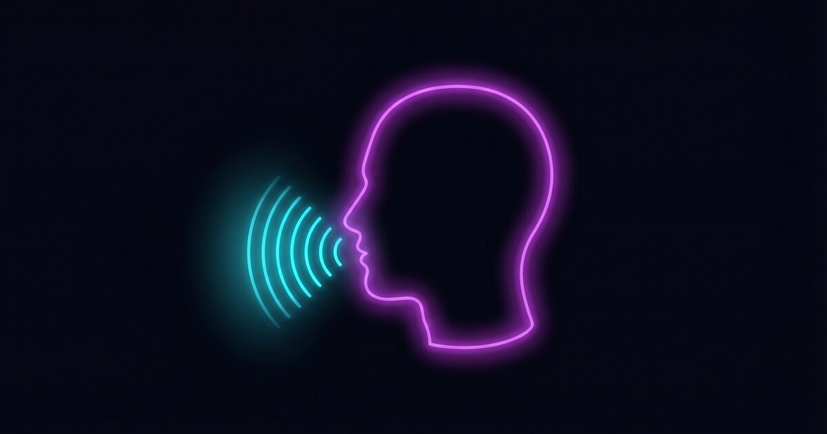 Purple neon head silhouette in profile with cyan sound rings emanating from mouth